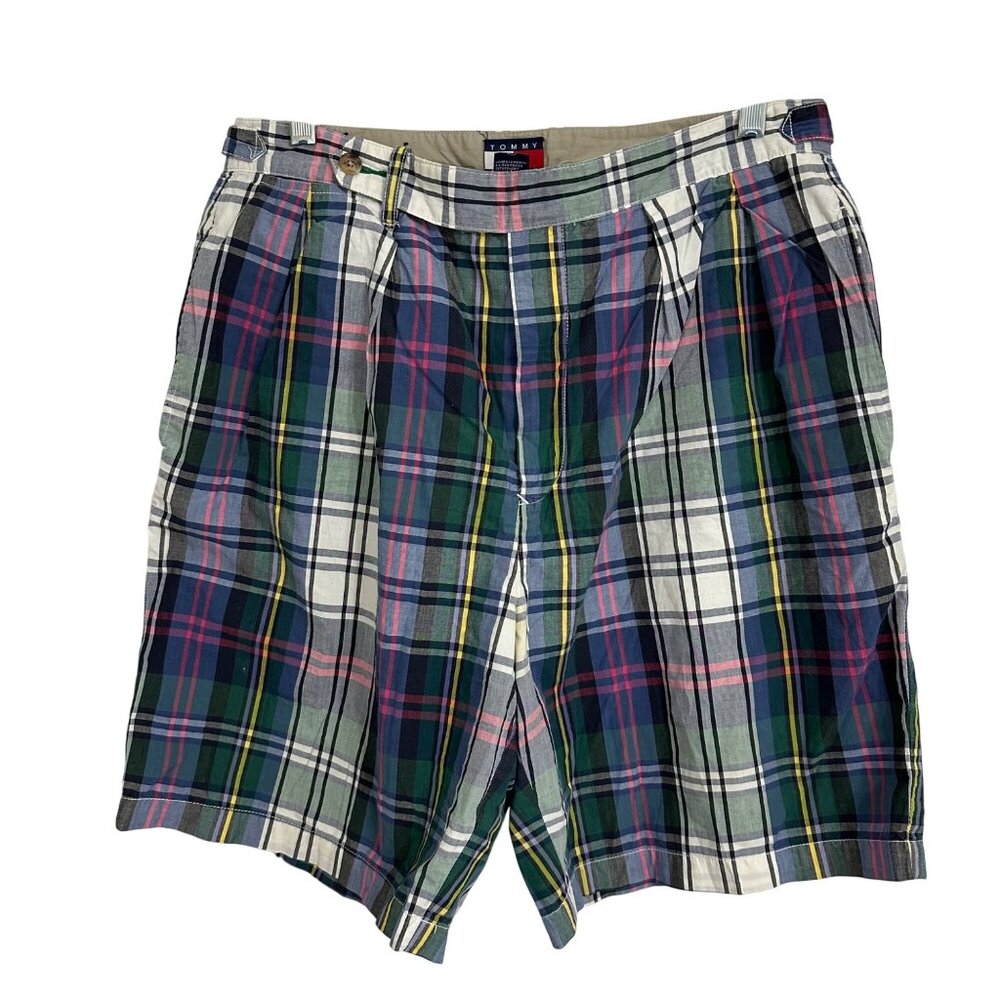Tommy Hilfiger Mens Madras Golf Shorts 34 Cotton Embroidered Crest Bermuda - Picture 1 of 9